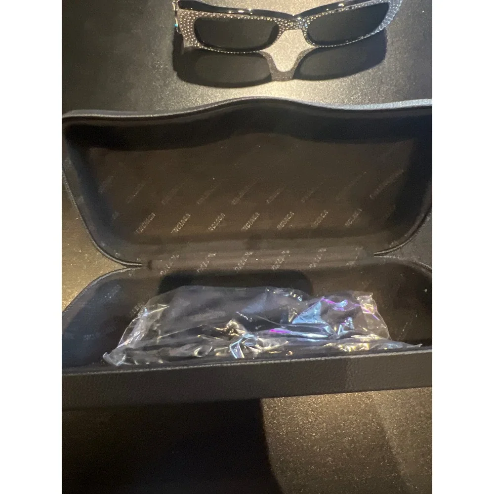 Balenciaga BB0096S Crystal Embellished Rectangular Sunglasses Blk Silver BB Logo